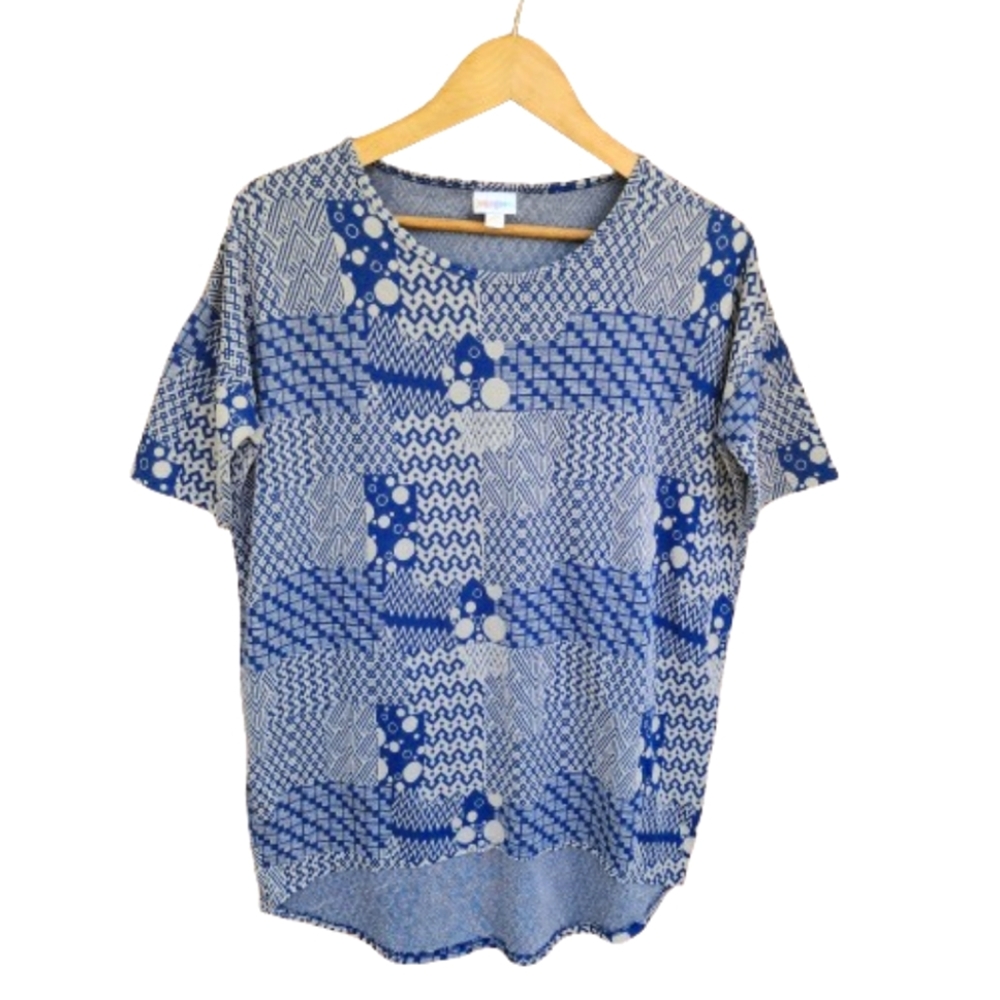 Lularoe Blue & Gray Abstract Patchwork Short Sleeve Oversized Comfy Top